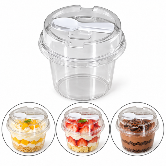 Disposable Round Dessert Cup with Clear Lid & Spoon