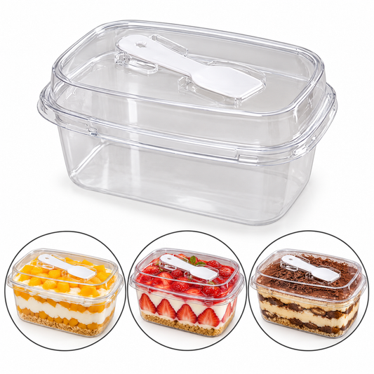 Disposable Rectangular Dessert Container with Clear Lid & Spoon