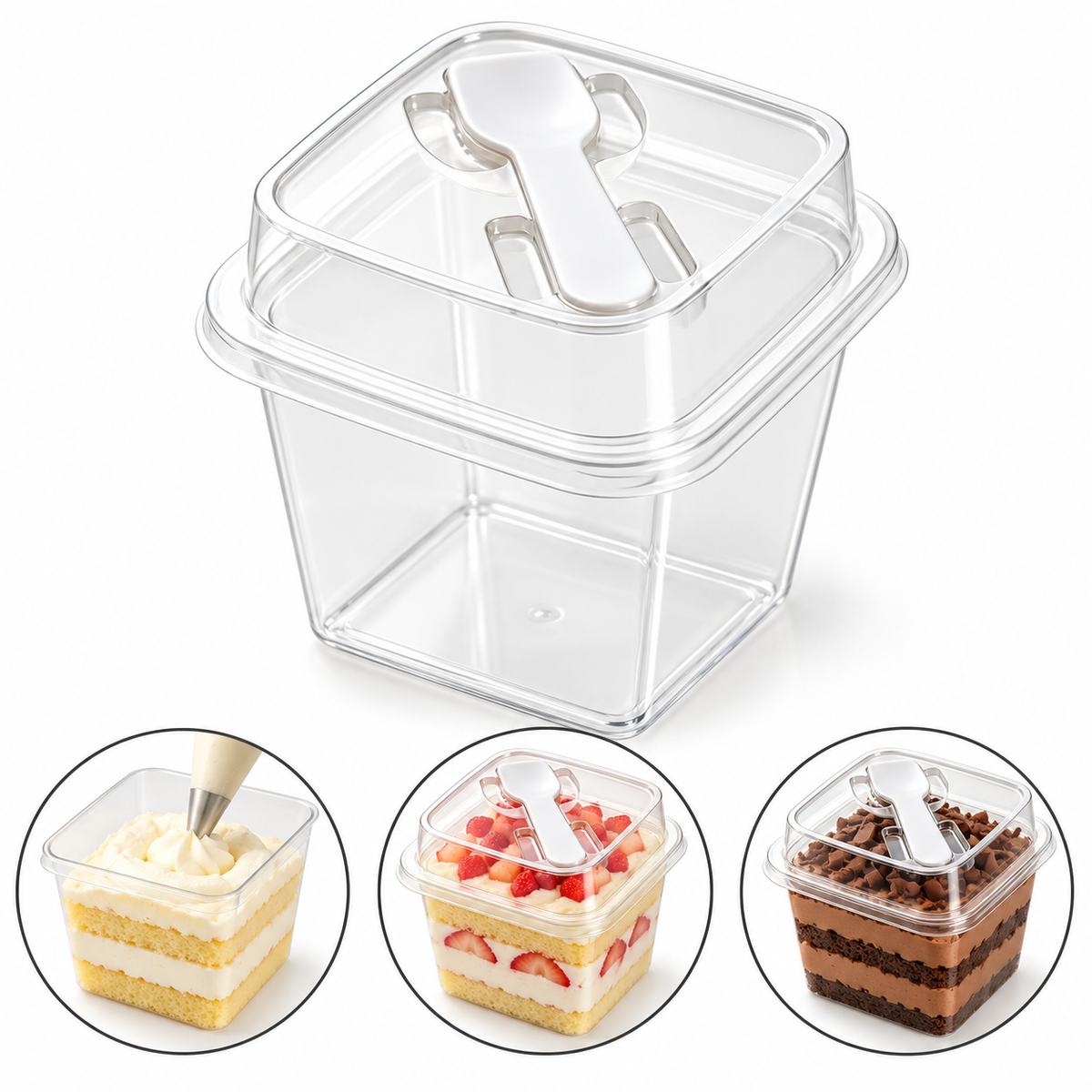 Disposable Square Dessert Container with Clear Lid & Spoon