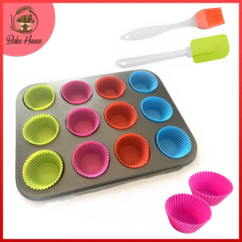 Cupcake Tray With Silicone Liners and Brush Set