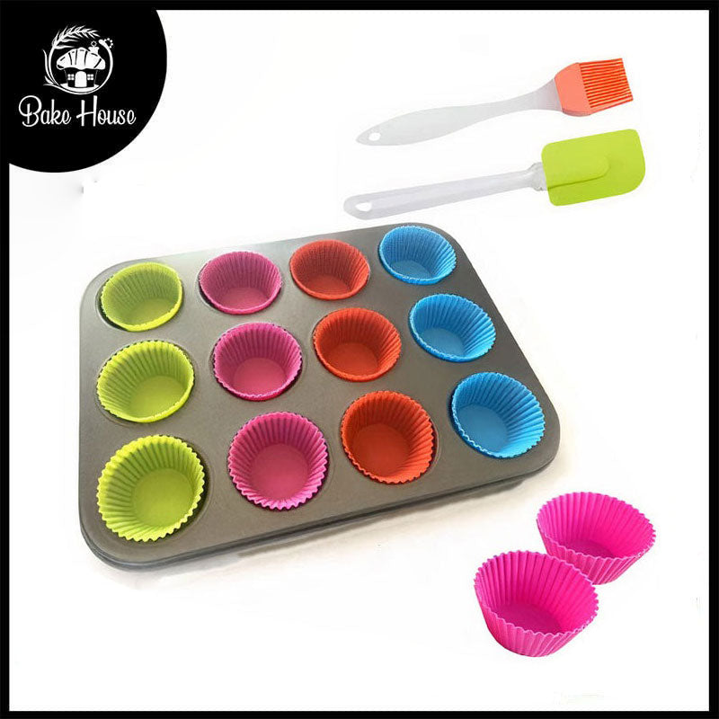 Cupcake Tray With Silicone Liners and Brush Set