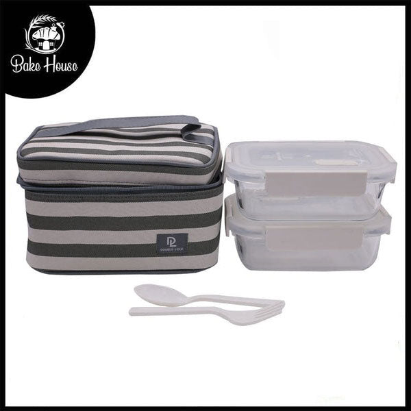 DL 2Pcs Glass Lunch Box With Grey lining Rectangle Bag