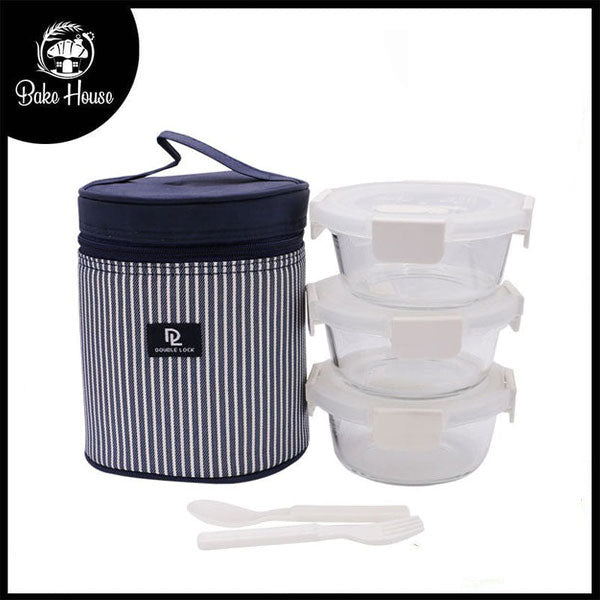 DL 3Pcs Glass Lunch Box With Round Blue Lining Bag