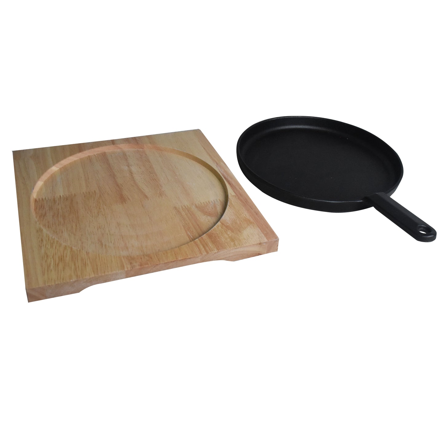 Round Cast Iron Sizzler Pan 24cm With Handle And Wooden Base