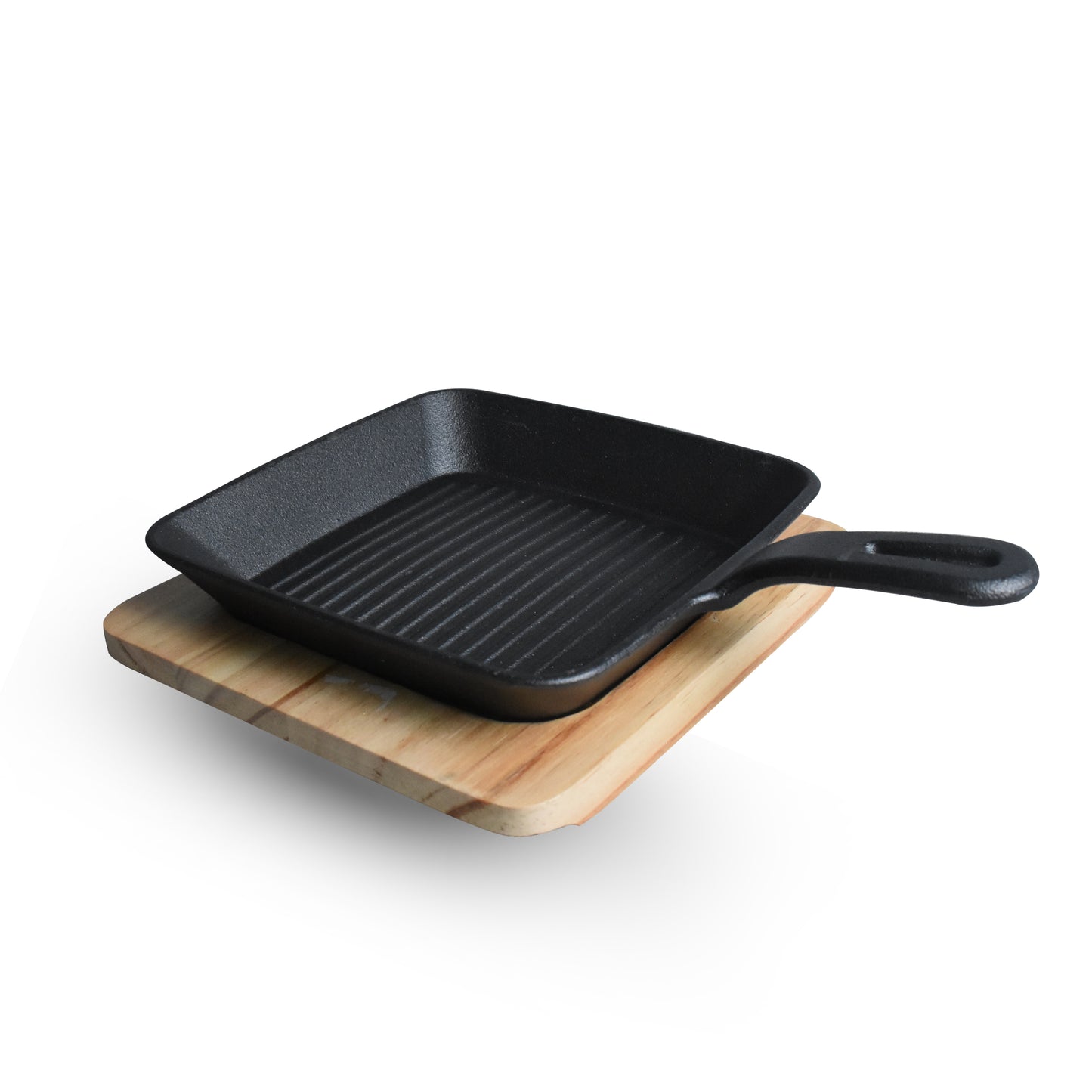 Square Cast Iron Grill Skillet Sizzler Pan With Wooden Base