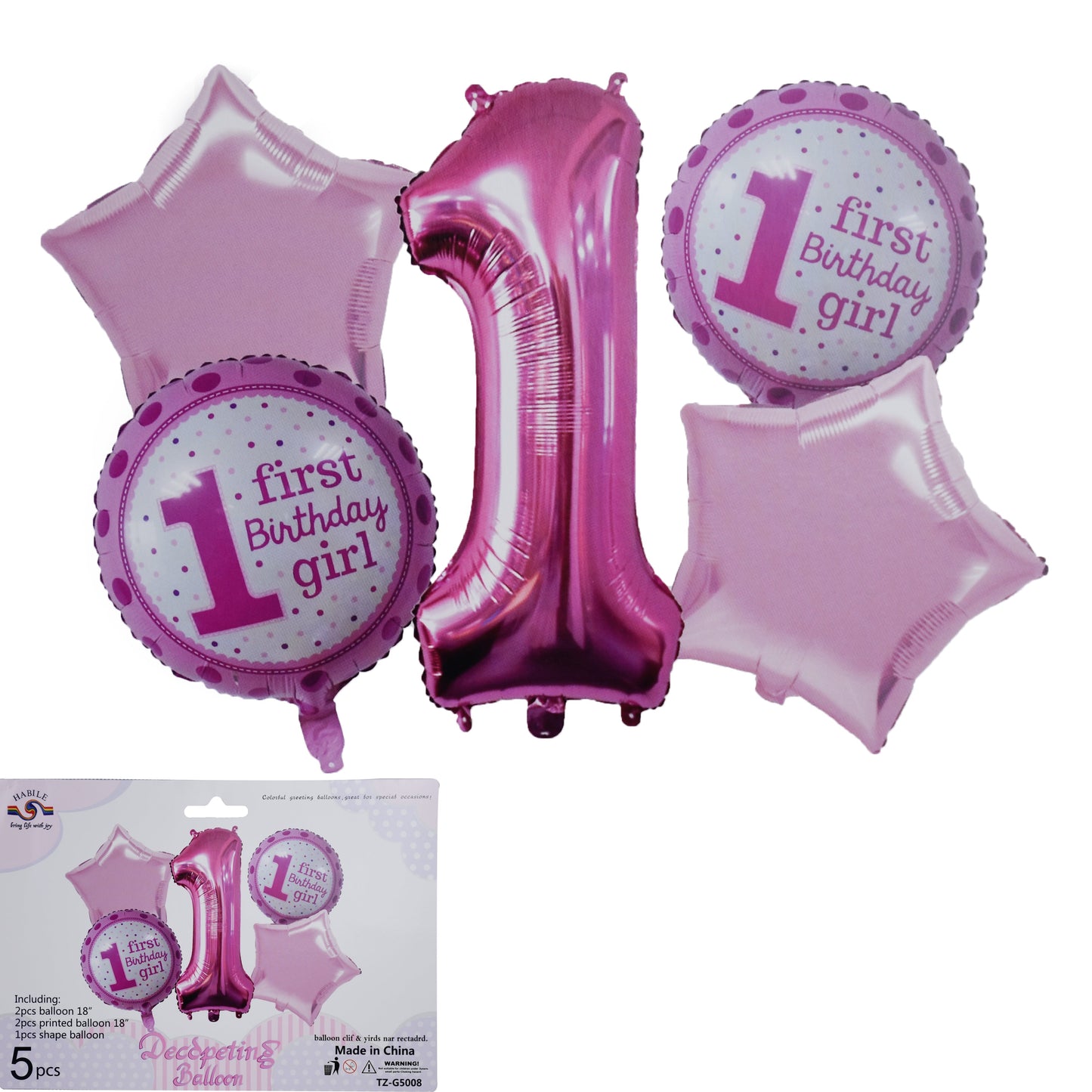 "First Birthday Girl" Pink Theme Foil Balloon 5 Pcs Set For Birthday Party Decoration