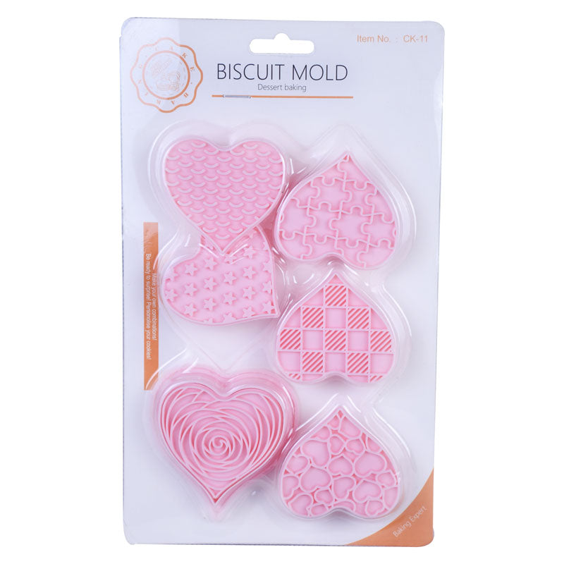 Heart Theme Cookie And Fondant Plastic Cutters With Stamps 6 Pcs Set