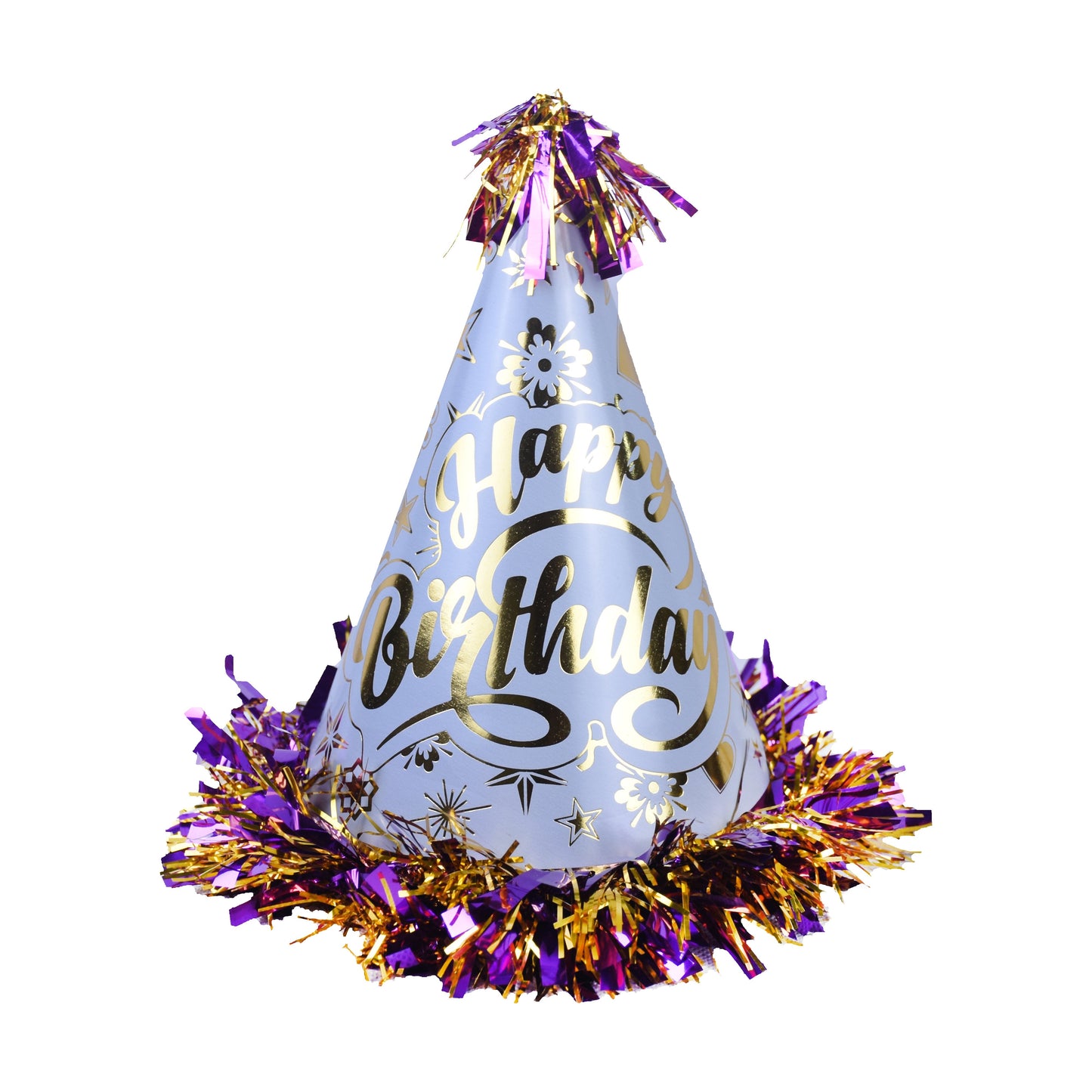 Happy Birthday Fancy Multi Designs Tinsel Border Cone Party Caps
