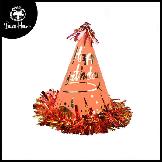 Happy Birthday Fancy Multi Designs Tinsel Border Cone Party Cap Orange