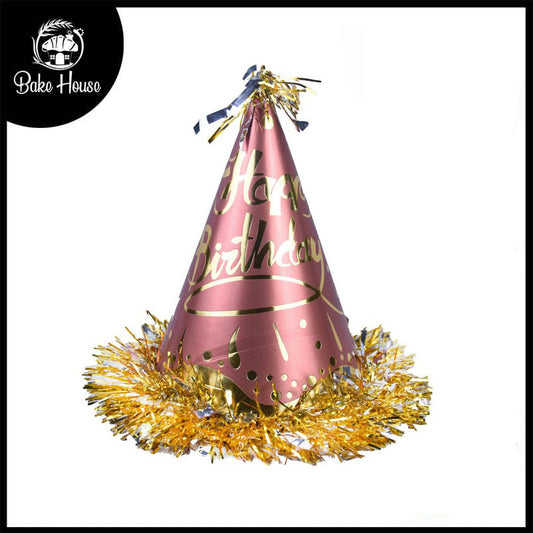 Happy Birthday Fancy Multi Designs Tinsel Border Cone Party Cap Brown