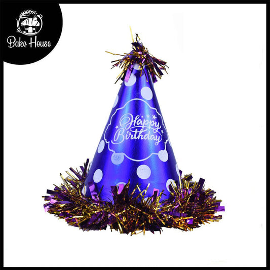 Happy Birthday Fancy Multi Designs Tinsel Border Cone Party Cap Blue Dotted