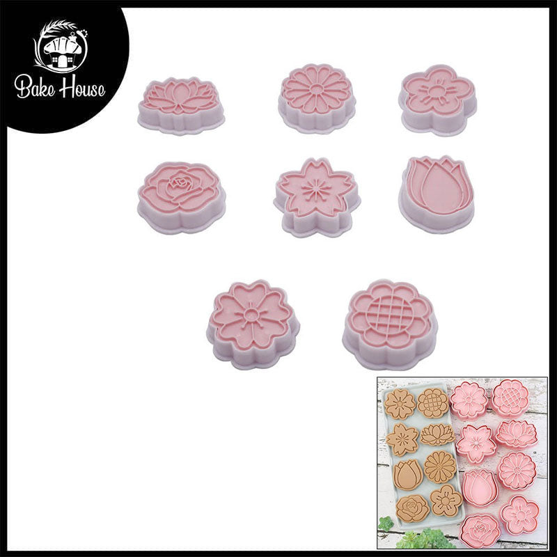 Different Flower Theme Cookie And Fondant Plastic Cutters With Stamps 8 Pcs Set