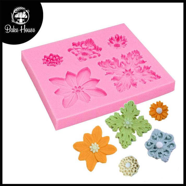 European Flowers Retro Relief Silicone Fondant Mold 5 Cavity