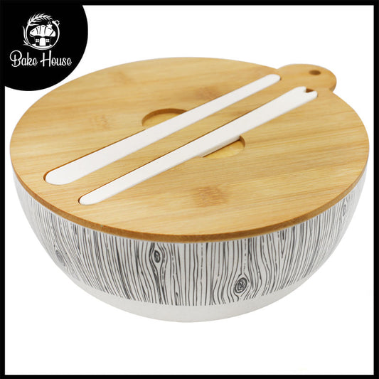 Wood Grain Texture Bamboo Fibre Round Bowl With Wood Cap 24cm