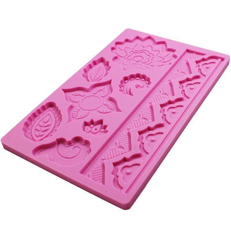 Flower With Leaves & Lace Silicone Fondant Mold Sheet