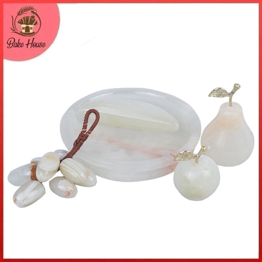 Decorative Marble Artificial Grapes, Banana, Apple & Pear Fruits with Tray 5 Pcs Centrepiece Decoration Set Small