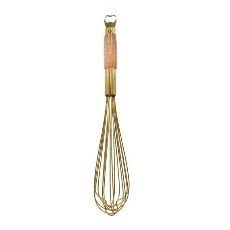 Stainless Steel Golden Colored Hand Whisk With Wooden Handle 14 Inch