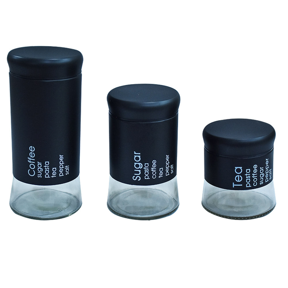 Glass Canister With Metal Coating Black 3Pcs Set Different Sizes