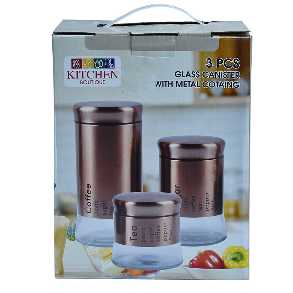 Glass Canister With Metal Coating Copper 3Pcs Set Different Sizes