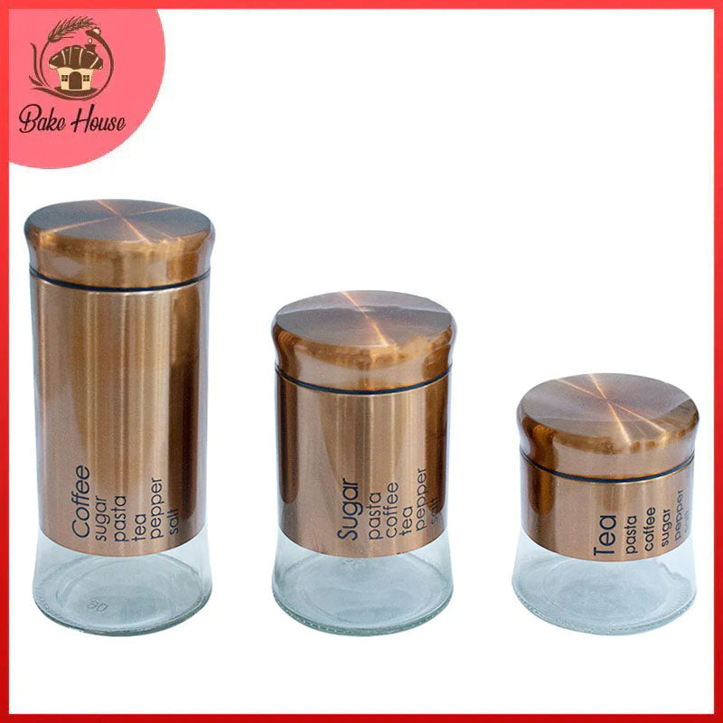 Glass Canister With Metal Coating Copper 3Pcs Set Different Sizes