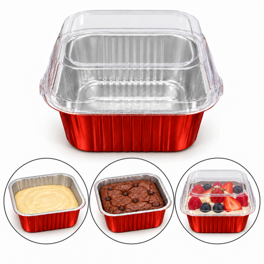 Disposable Red Square Aluminum Foil Containers with Lids 5 Pcs Set