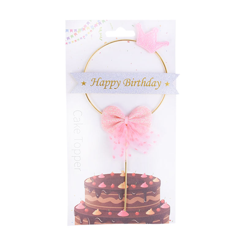 Happy Birthday Cake Topper Pink Bow Design