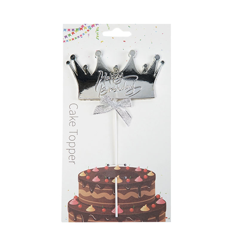 Happy Birthday Cake Topper In Silver Crown Design