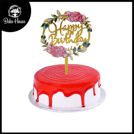 Happy Birthday Cake Topper With Round Flower Design