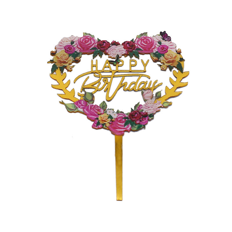 Happy Birthday Cake Topper With Heart Shape Flower Design