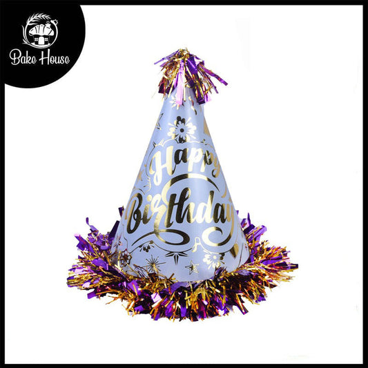 Happy Birthday Fancy Multi Designs Tinsel Border Cone Party Cap Grey