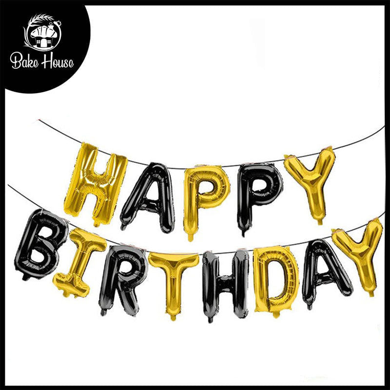 Happy Birthday Golden & Black Letters Shape Foil Balloons Wall Banner For Party Decoration