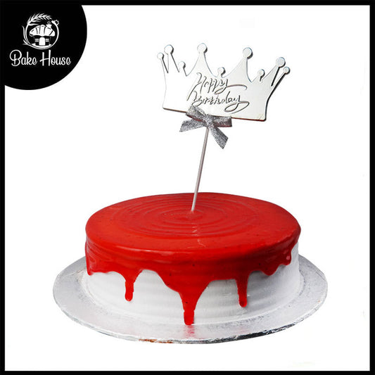 Happy Birthday Cake Topper In Silver Crown Design