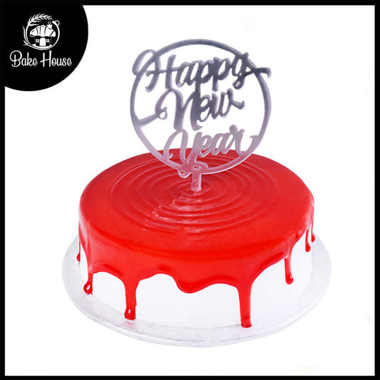 Happy New Year Cake Topper In Round Silver