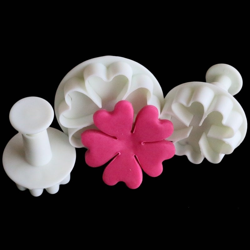 Heart Flower Fondant Plunger Cutter 3Pcs Set Plastic