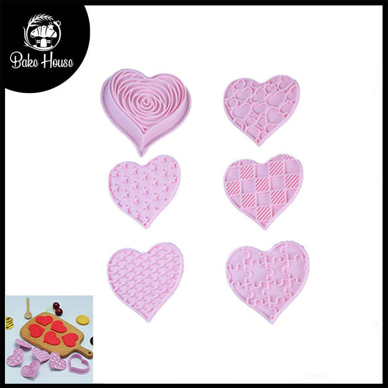 Heart Theme Cookie And Fondant Plastic Cutters With Stamps 6 Pcs Set