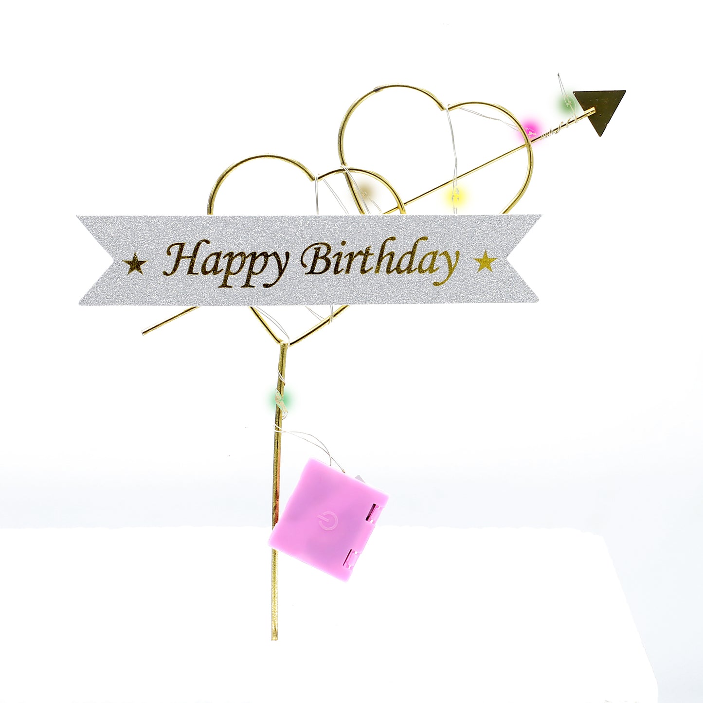 Happy Birthday Double Heart Cake Topper With Lights
