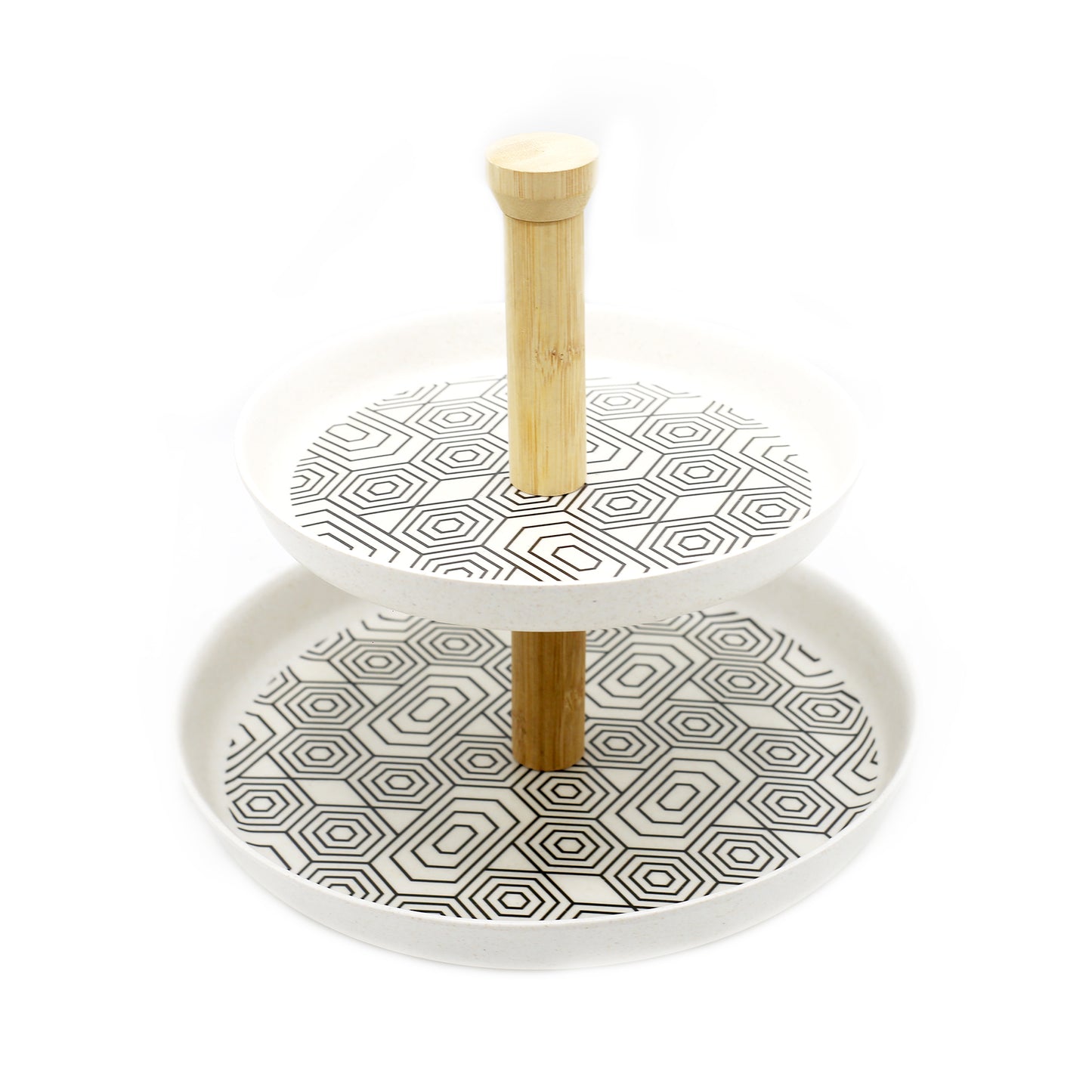 Geometric Pattern 2-Tier Bamboo Plate With Wood Stand