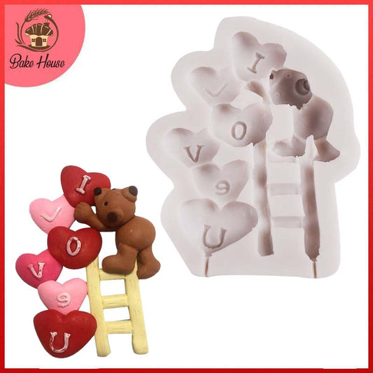 LOVE Heart Cute Bear With Ladder Silicone Fondant Mold