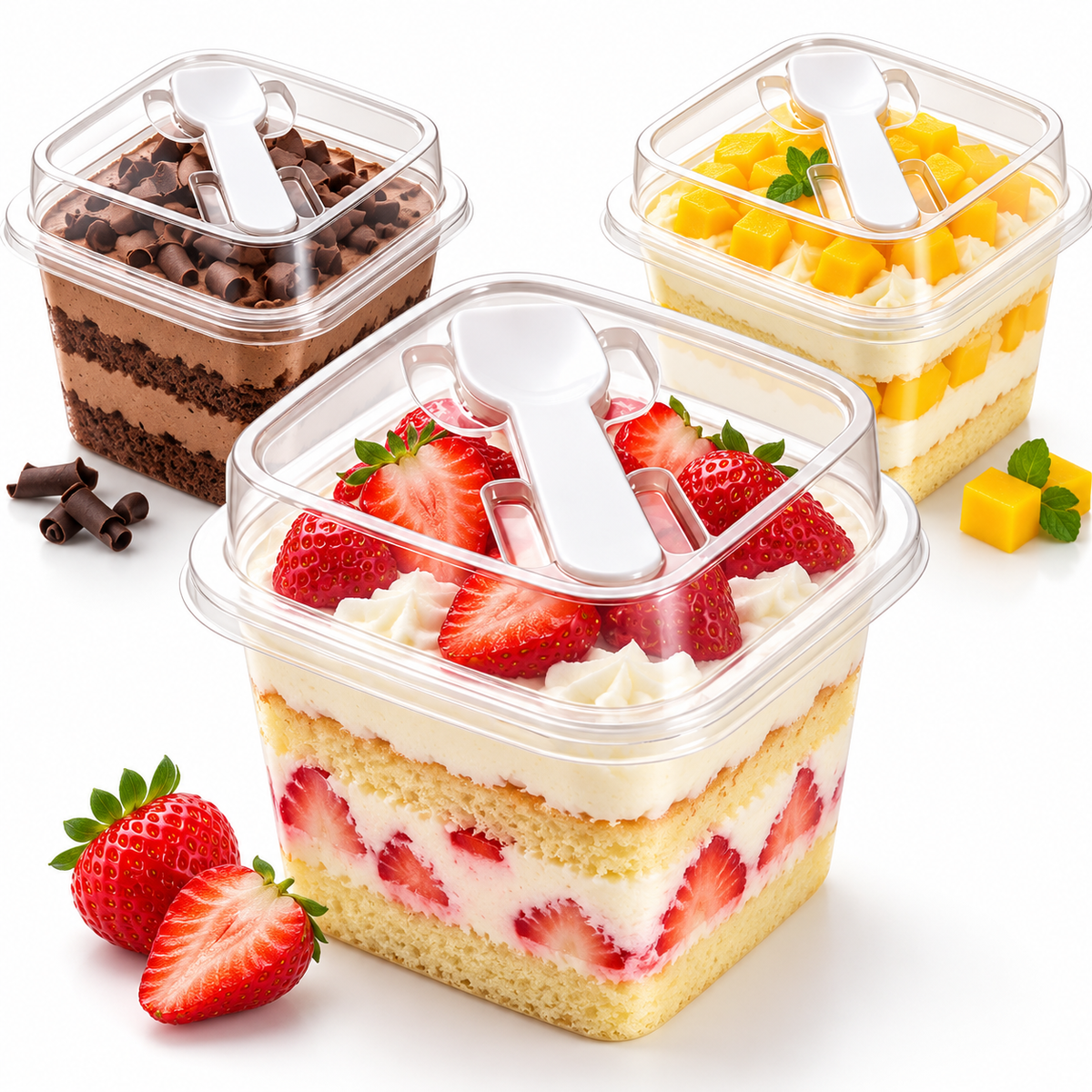 Disposable Square Dessert Container with Clear Lid & Spoon