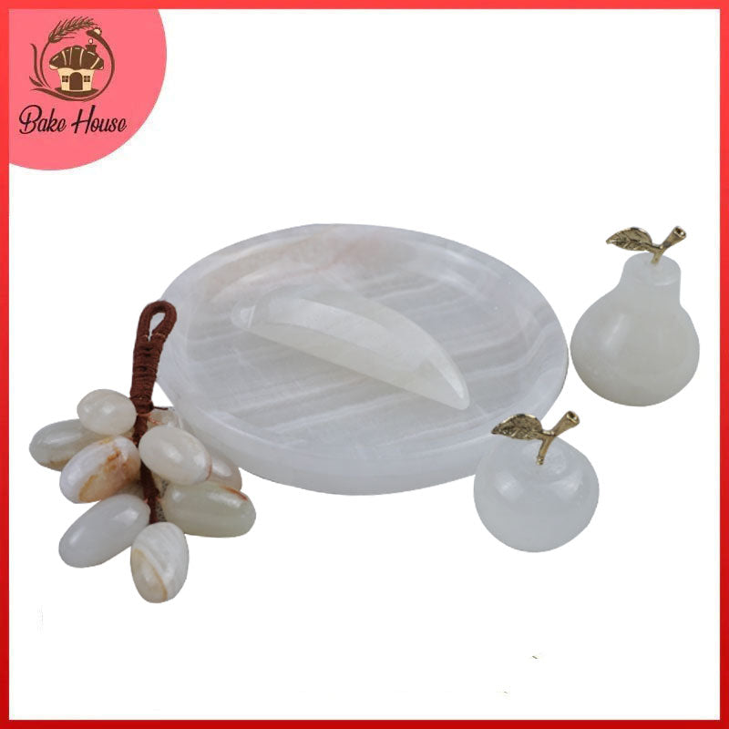 Decorative Marble Artificial Grapes, Banana, Apple & Pear Fruits with Tray 5 Pcs Centrepiece Decoration Set Medium