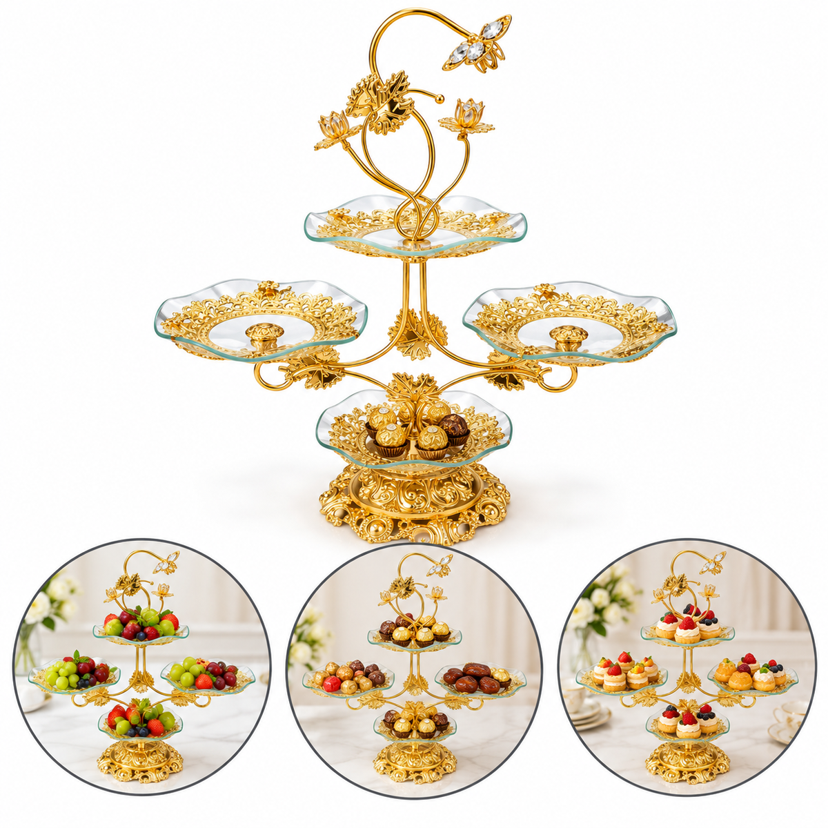 Golden Floral 4-Plate Glass Fruit & Dessert Serving Stand