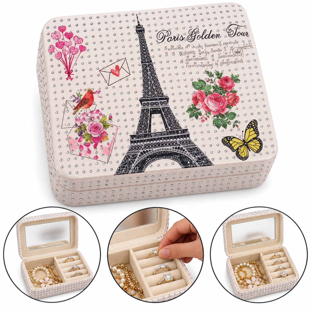 Paris Eiffel Tower Jewellery Box with Mirror & Ring Organizer