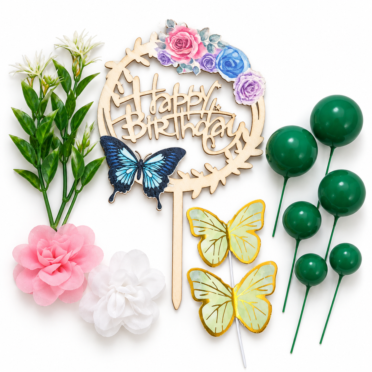 Happy Birthday Cake Topper With Faux Ball, Butterfly, And Flower 12Pcs Set (Green)