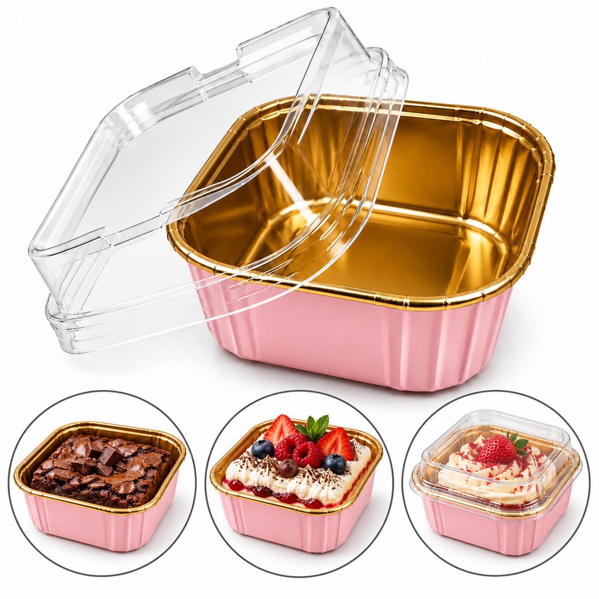 50Pcs Paper Foil Square Cupcake Liner Pink With Lid