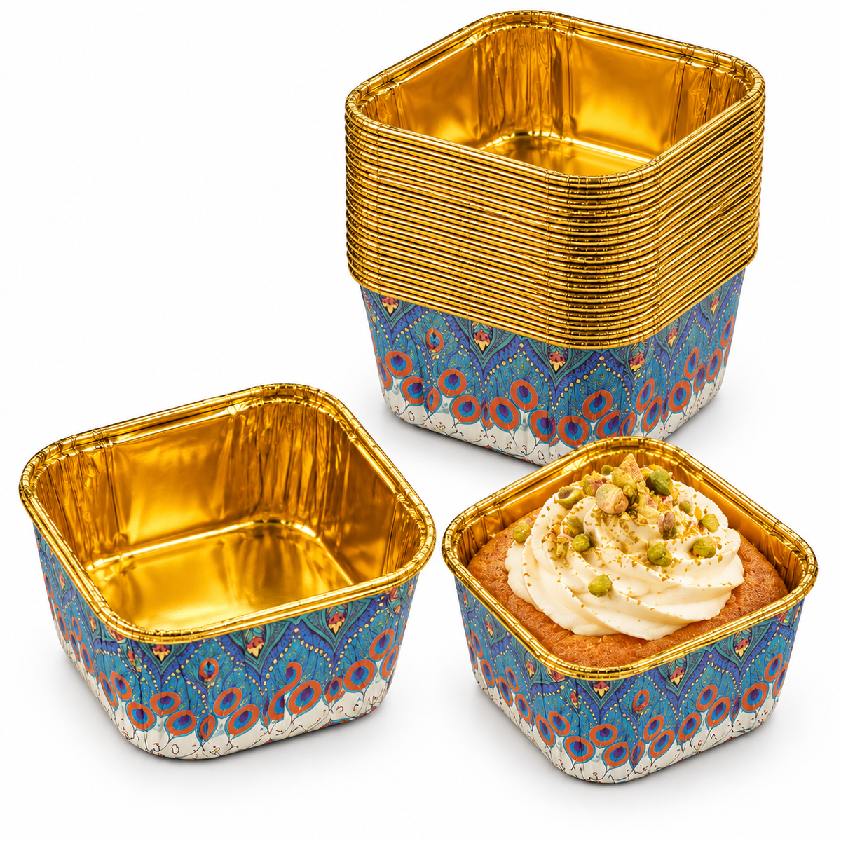 50Pcs Paper Foil Square Cupcake Liner Peacock Print