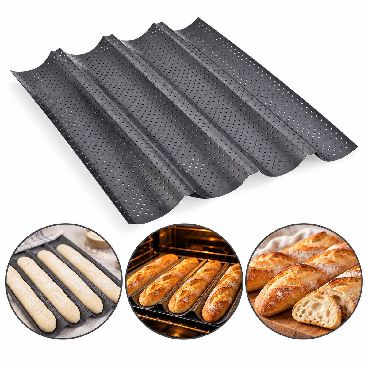 Non Stick Perforated French Baguette Baking Tray 4 Cavity 38 x 32cm