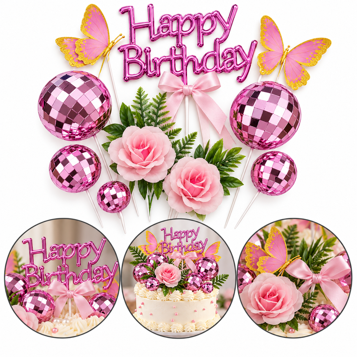 Happy Birthday Pink Cake Topper With Vintage Ball, Flower, Leave And Butterfly 12Pcs Set (Copy)