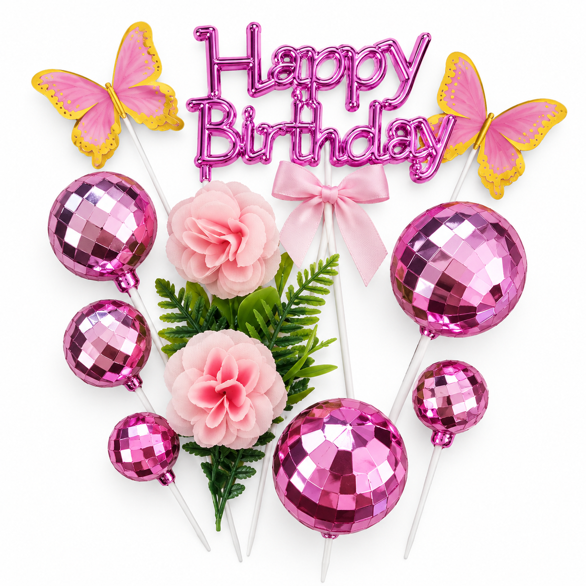Happy Birthday Pink Cake Topper With Vintage Ball, Flower, Leave And Butterfly 12Pcs Set (Copy)