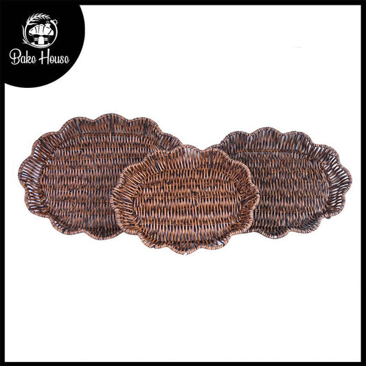 Plastic Woven Cloud Shape Flat Tray Dark Brown 3Pcs Set