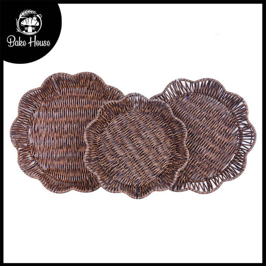 Plastic Woven Flower Flat Tray Dark Brown 3Pcs Set